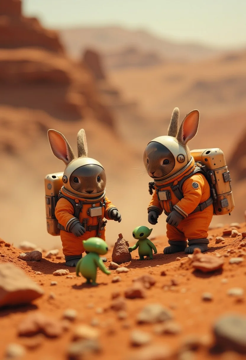blankmj l10nhe43t "A playful scene of tiny rabbits wearing space suit, with a round helmet containing the ears, building a spacestation on Mars with tiny green aliens. The diorama-like scene is intricately detailed with mini footprints, crumbling rock dust, and intense lighting from above, reminiscent of high-speed action shots. intense cinematic