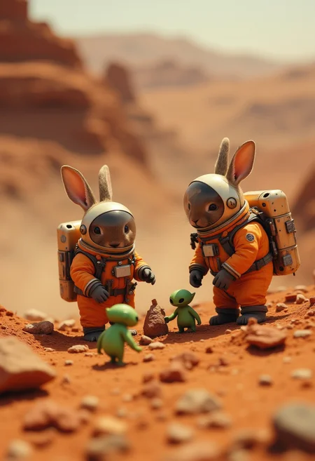 blankmj l10nhe43t "A playful scene of tiny rabbits wearing space suit, with a round helmet containing the ears, building a spacestation on Mars with tiny green aliens. The diorama-like scene is intricately detailed with mini footprints, crumbling rock dust, and intense lighting from above, reminiscent of high-speed action shots. intense cinematic