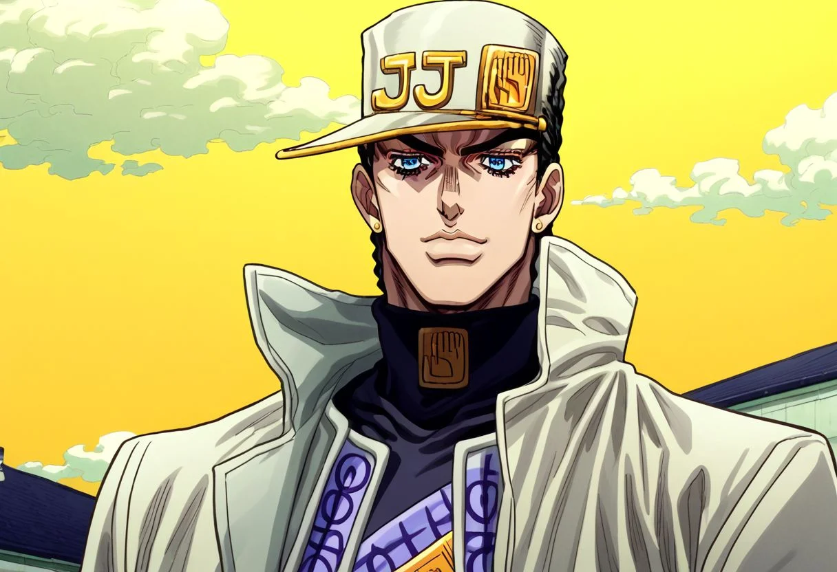 Jotaro Kujo, neutral expression, tired eyes, turtleneck, sigh, black hair, hat, jewelry, blue eyes, stud earrings, muscular, white coat, trench coat, multiple belts, anime style, JoJo, white pants, yellow sky, clouds, solo, 1boy, upper body, closed smile, looking at viewer,