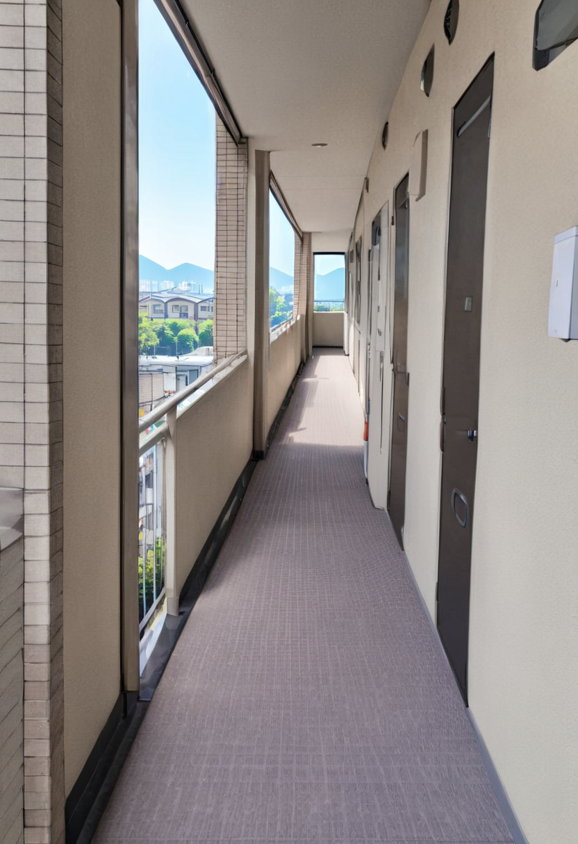masterpiece, best quality, very aesthetic, absurdres,
rouka, hallway, scenery, window, building, day, sky, door, outdoors, blue sky, cityscape, city, real world location, 
 <lora:JProuka_apartment_hallway_SDXL_V1:1>