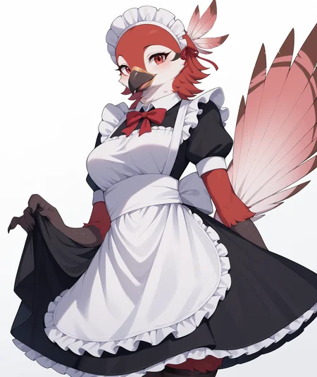 score_9, score_8_up, score_7_up, score_6_up, score_5_up, score_4_up, BREAK, source_anime, best quality, masterpiece, 2d, intricate details, official style, anime, 4k, anime style,
birdgirl, 1girl, solo, tail, feathers, claws, furry female, body feathers, bird tail, snout, beak, bird girl, bird legs, feather hair,
maid, maid headdress, maid apron,
cowboy shot, looking at viewer, white background, simple background, gradient background, <lora:add_details_xl:0.6>, <lora:Bird_Pony:1>