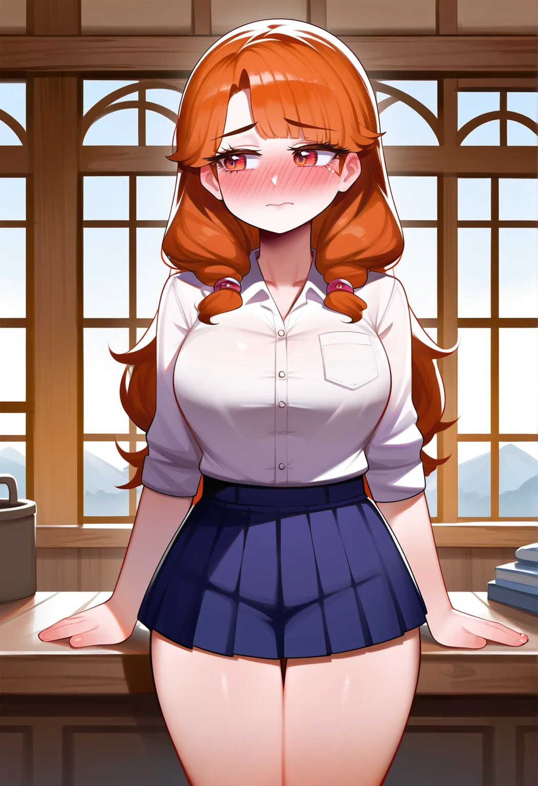 score_9, score_8_up, score_7_up, source_anime, (hns:1.4), (gad:1.4),
1girl, milf, long hair, long eyelashes, looking to the side, full-face blush, embarrassed,
slim, pleated skirt, wide hips, thigh gap, bare legs,
indoors, standing, window,
