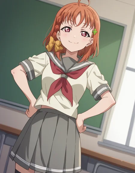 score_9, score_8_up, score_7_up, source_anime, <lora:chika-takami-s2-ponyxl-lora-nochekaiser:1>, chika takami, short hair, hair ornament, red eyes, bow, braid, ahoge, hair bow, orange hair, side braid, yellow bow, clover hair ornament,, skirt, school uniform, short sleeves, pleated skirt, serafuku, socks, neckerchief, kneehighs, black socks, red neckerchief, grey skirt, uranohoshi school uniform,, indoors, smug, smile, looking at viewer, solo, hands on hips,, cowboy shot, dutch angle