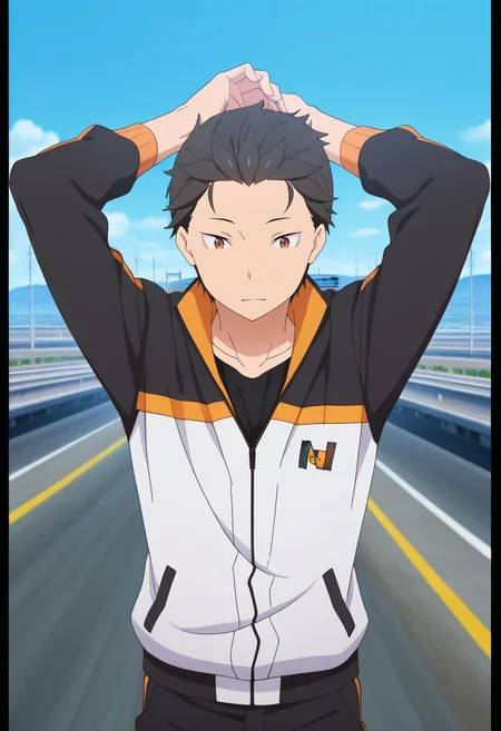 masterpiece, best quality, intricate details, anime screencap, anime coloring, official style, , 1boy, solo, male focus, <lora:subaru_natsuki_ilxl:0.92>, subaru_natsuki, black hair, brown eyes, short hair, natsuki subaru, hair slicked back, , asymmetrical, highway, day, arms above head, distracted, aloof, oblivious,