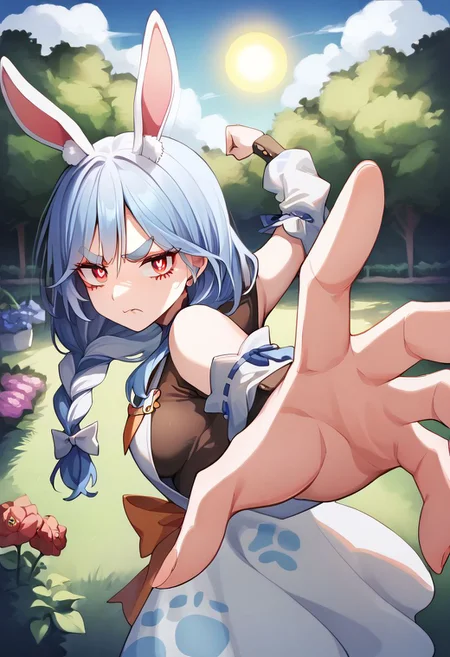 score_9, score_8_up, score_7_up, garden, flower, flower field, sun BREAK 1girl, pekomamadef, thick eyebrows, bunny-shaped pupils, rabbit ears, animal ear fluff, apron, dress, detached sleeves, bow, IncrsPunchMeme, incoming punch, angry, (anger vein), looking at viewer