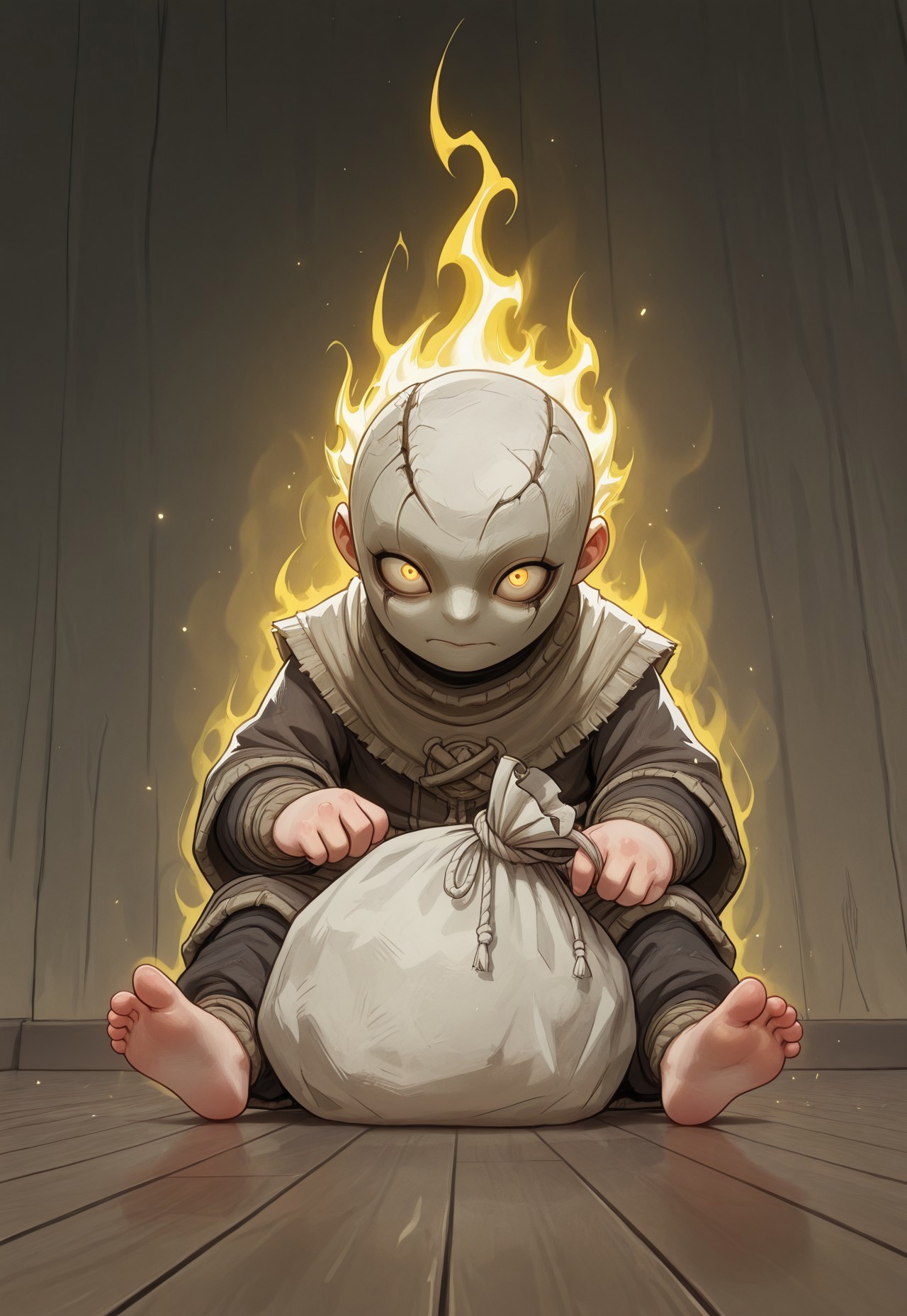 masterpiece, best quality, amazing quality, very aesthetic, absurd res, intricate details, 4k, semi realistic, cartoon, fantasy, energy around, aura, dynamic pose, score_9, score_8_up, child, brown gunny sack, burlap sack over head, sitting, marionette, puppet, <lora:AMarvelRivals_style:1>, marvelrivals. A lonely child sits in a dimly lit, eerie room, wearing a tattered burlap sack over his head. The sack has rough, uneven holes cut out, revealing his wide, unsettling eyes that gleam with an eerie intensity. His small, frail frame is hunched, giving him a lost, out-of-place presence. Surrounding him are sinister marionette puppets, each hanging limply from strings attached to the ceiling. Their wooden faces are cracked and twisted into unsettling grins, their lifeless eyes staring into the void. The dim lighting casts long, distorted shadows across the wooden floor, adding to the haunting atmosphere. Dust particles float in the air, illuminated by a weak, flickering light source. The scene is draped in muted, desaturated colors, except for faint crimson tones on some of the puppets’ mouths and hands, hinting at something sinister. The mood is a chilling blend of loneliness and quiet horror, evoking an unsettling sense of dread.