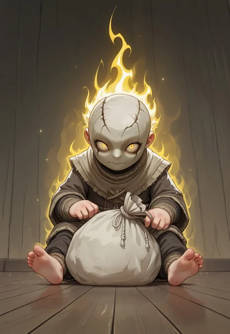 masterpiece, best quality, amazing quality, very aesthetic, absurd res, intricate details, 4k, semi realistic, cartoon, fantasy, energy around, aura, dynamic pose, score_9, score_8_up, child, brown gunny sack, burlap sack over head, sitting, marionette, puppet, <lora:AMarvelRivals_style:1>, marvelrivals. A lonely child sits in a dimly lit, eerie room, wearing a tattered burlap sack over his head. The sack has rough, uneven holes cut out, revealing his wide, unsettling eyes that gleam with an eerie intensity. His small, frail frame is hunched, giving him a lost, out-of-place presence. Surrounding him are sinister marionette puppets, each hanging limply from strings attached to the ceiling. Their wooden faces are cracked and twisted into unsettling grins, their lifeless eyes staring into the void. The dim lighting casts long, distorted shadows across the wooden floor, adding to the haunting atmosphere. Dust particles float in the air, illuminated by a weak, flickering light source. The scene is draped in muted, desaturated colors, except for faint crimson tones on some of the puppets’ mouths and hands, hinting at something sinister. The mood is a chilling blend of loneliness and quiet horror, evoking an unsettling sense of dread.