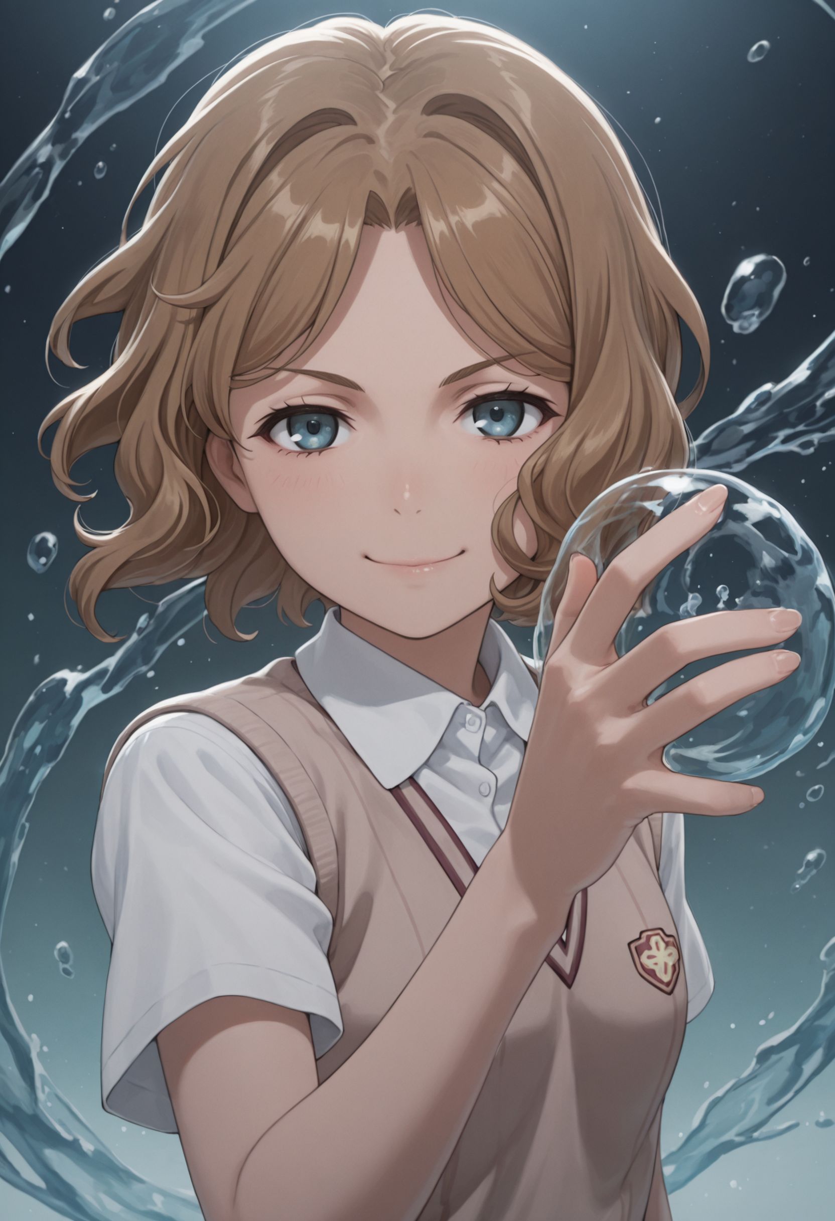 masterpiece,best quality,absurdres,highres,very aesthetic,high quality,detailed,insanely detailed,beautiful,perfect lighting, looking at viewer smile, 
 <lora:Wannai Kinuho illu:1> 1girl, brown hair, short hair, blue eyes ,1girl, psychic, tokiwadai school uniform, brown hair, brown sweater vest, Hydrokinesis, summer uniform, school emblem, , short hair, floating water, white shirt, short sleeves, sleeveless sweater,