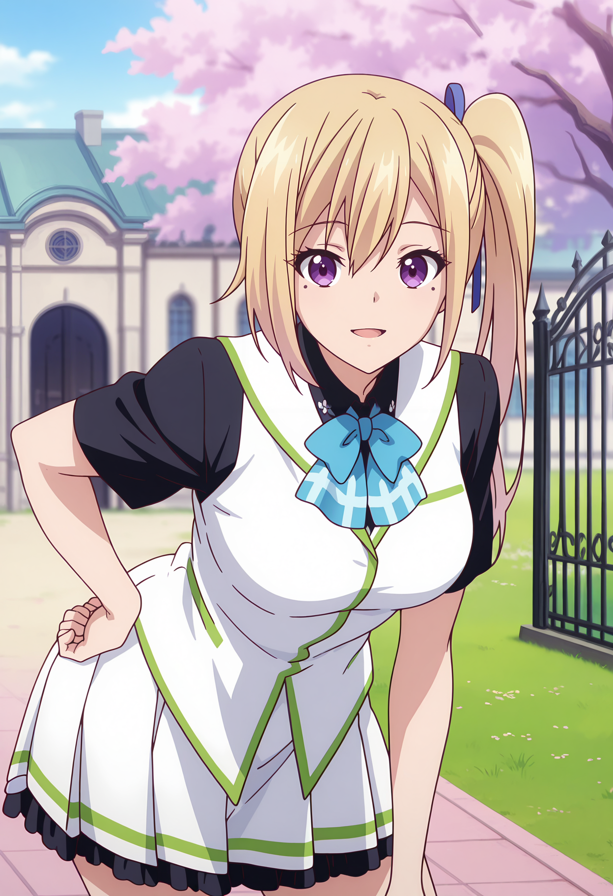 anime screencap, masterpiece, best quality,
<lora:MusaigenNoPhantomWorld_KawakamiMai_IlluXL:0.9>,
1girl, solo, open mouth, light smile,
side ponytail, long hair, hair between eyes, blonde hair, purple eyes, mole under eye, hair ribbon, blue ribbon,
white vest, collared shirt, black shirt, blue bowtie, short sleeves, pleated skirt, frilled skirt, white skirt, 
hand on own hip, contrapposto, looking at viewer,
building, cherry blossoms, gate, grass, day, blurry background