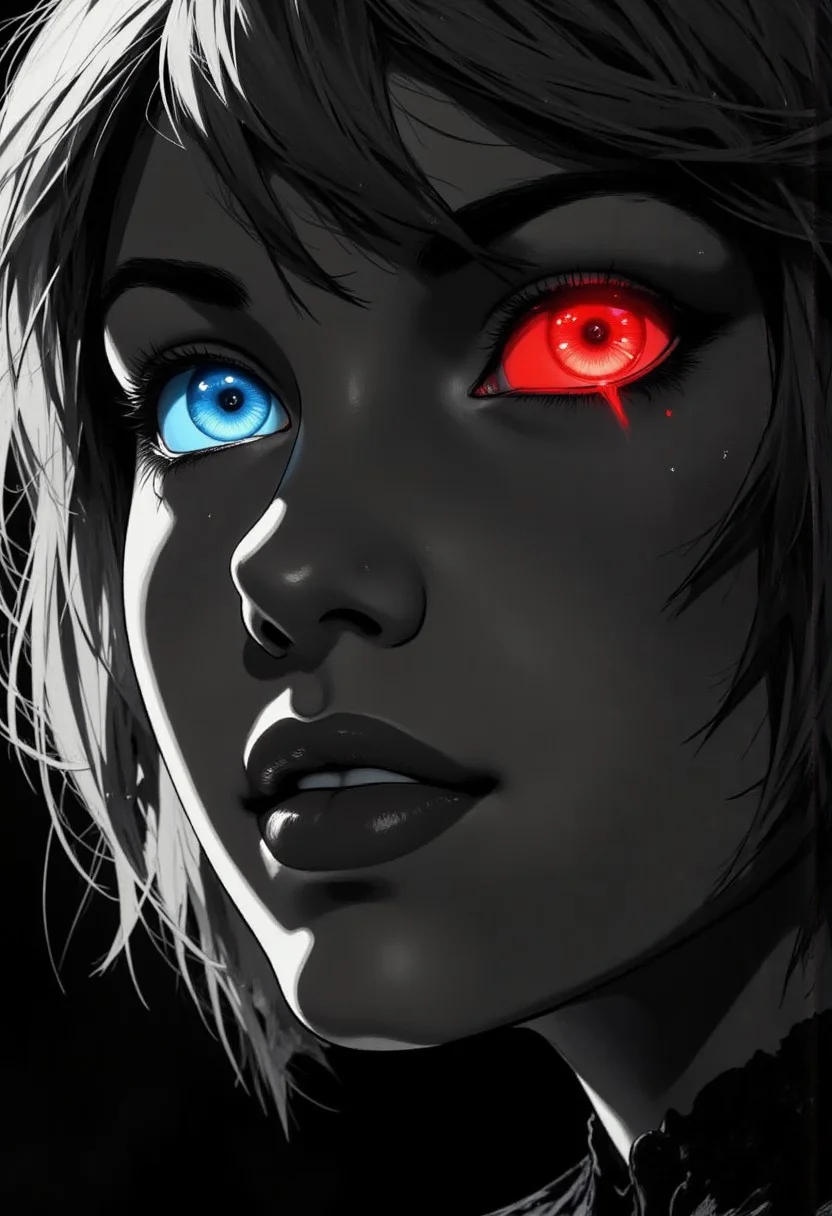 diclrpp, A striking close-up portrait of a beautiful woman's face in dramatic monochrome, with every element rendered in rich black and white tones except for her mesmerizing eyes. Her left eye glows with an intense electric blue luminescence while her right eye radiates a deep, vibrant crimson red - both eyes wide open and staring directly at the viewer with hypnotic intensity (melotot). Her gaze is simultaneously alarming and captivating, creating an immediate emotional connection with anyone who views the image. Her facial features are classically beautiful with high cheekbones, perfectly defined lips, and flawless skin texture enhanced by the high-contrast grayscale treatment. Dramatic shadows emphasize the contours of her face while spotlight-like lighting creates sharp highlights on her features. Her expression conveys both power and mystery, with slightly parted lips suggesting she's about to reveal a secret. Delicate wisps of her hair frame her face in silver and obsidian tones, with individual strands catching the light. The stark monochrome setting makes the glowing colored eyes even more striking, their unnatural illumination suggesting supernatural qualities or enhanced perception beyond normal human capability. j_art