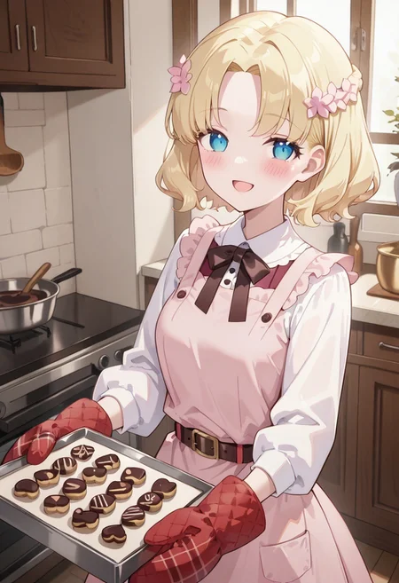 (masterpiece, best quality, ultra-detailed), very aesthetic, newest, absurdres, highres, safe,
(1girl, solo:1.3), indoors, cute face, clean skin, shiny hair, ultra detailed eyes,
<lora:Maria_Campbell-64:1>maria campbell, blonde hair, short hair, blue eyes, smile, open mouth, hair flower, long sleeves, skirt, belt, dress,
<lora:LoraILXL01_YamiStyle_v1:0.7> <lora:baking-cookies-ponyxl-lora-nochekaiser:1>baking cookies, looking at viewer, blush, smile, gloves, holding, frills, food, indoors, apron, chocolate, cookie, oven mitts,