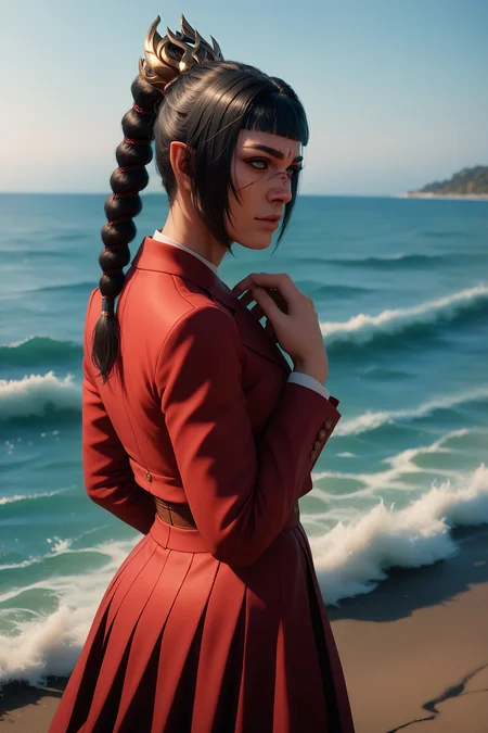 5h4rt, score_9, score_8_up, score_7_up, 1girl, cowboy shot, hands on own chin, ocean, ocean waves, red blazer, red high waisted skirt, pantyhose, glossy stiletto heels, <lora:5h4rt:1.0>