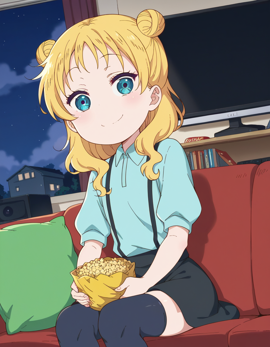 score_9, score_8_up, score_7_up, source_anime, <lora:dragon-chloe-s2-ponyxl-lora-nochekaiser:1>, chloe, blue eyes, blonde hair, hair bun, double bun, child, female child,, skirt, shirt, thighhighs, collared shirt, suspenders, blue shirt,, living room, television, couch, popcorn, watching movie, night time, sitting,, smile, looking at viewer, smug, hand on hips,, solo,, dutch angle,
