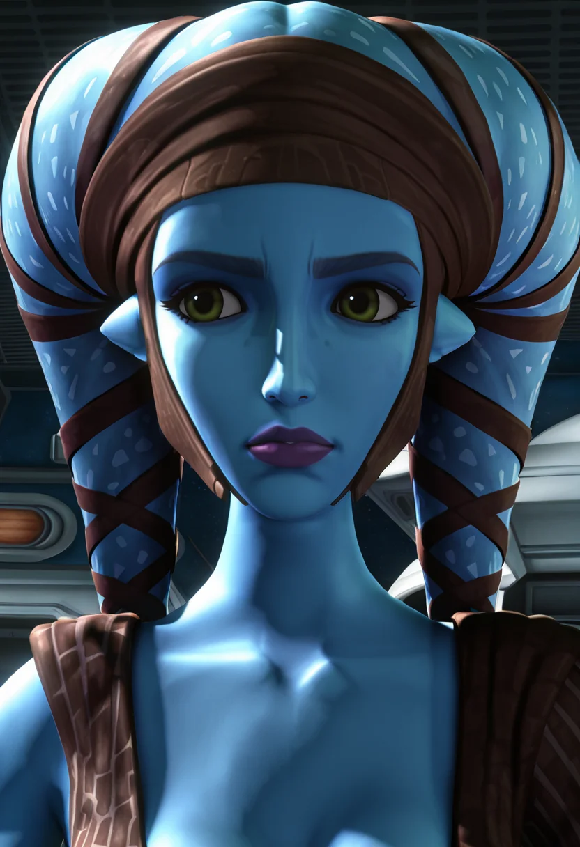 <lora:Aayla_Secura:1> aayla_secura, clone_wars_style, original_appearance, 3d, close_up, twi_lek, lekku, blue skin, star_wars_background, leather_outfit