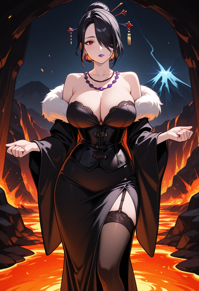1girl,mature woman,slim body,purple lips,hair over one eye,black hair,single hair bun,hair ornament,makeup,red eyes,mole under mouth,jewelry,earrings,large breasts,corset,off shoulders,fur trim,white fur,stockings,long black robe,long sleeves,
front shot,facing viewer,Stretching arms,(looking at viewer:1.1),Thoughtful expression, hand on chin,Volcano interior, molten streams, glowing embers,Night,Hazy, muted, soft,masterpiece, best quality <lora:Lulu_-_Final_Fantasy_X_-_Illustrious:1.0>