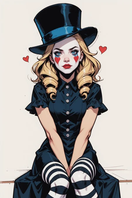1girl, solo, looking at viewer, hat, striped clothes, sitting, dress, blonde hair, clown, facepaint, black dress, striped pantyhose, ta fashion, goth fashion, gothic ta, makeup, grey background, red lips, black headwear, simple background, pale skin, heart, drill hair, colored skin, pantyhose, runny makeup, hand between legs, between legs, top hat, short sleeves, a_Comic_Illustration, rough lines with ink, (drawn:1.1), (sketch:1.5), (crosshatching:1.25), (comic style:1.1), graphic novel style, sharp lines, hires, zstyle, (western comics \(style\):1.1), (hatching \(texture\):1.2), zPDXL, Mr_Monster_Possitive, <lora:Expressive_H:0.5>, score_9, score_8_up, score_8_up,