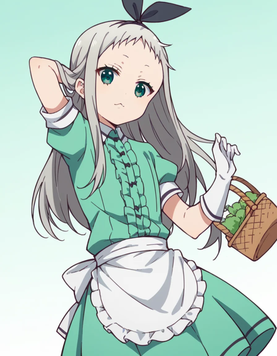 score_9, score_8_up, score_7_up, source_anime, <lora:hideri-kanzaki-s1-ponyxl-lora-nochekaiser:1>, hideri kanzaki, long hair, bow, green eyes, hair bow, grey hair, male focus, hairband, black hairband, otoko no ko, forehead,, gloves, dress, short sleeves, frills, puffy sleeves, white gloves, apron, puffy short sleeves, waist apron, white apron, frilled apron, waitress,, farmers market, fresh produce, local vendors, baskets, sunny day, community, , , foot forward, hand behind head, elbow down, solo,, cowboy shot, dutch angle