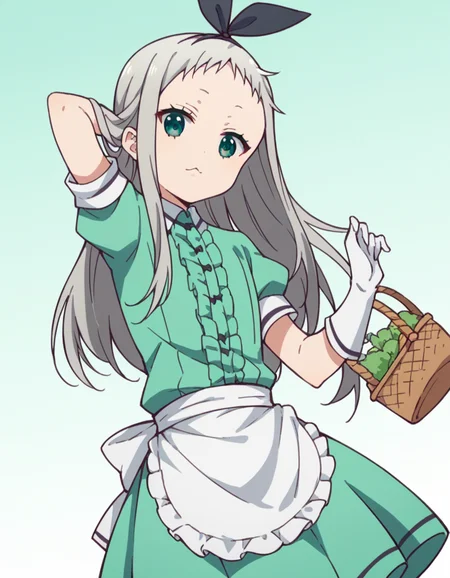 score_9, score_8_up, score_7_up, source_anime, <lora:hideri-kanzaki-s1-ponyxl-lora-nochekaiser:1>, hideri kanzaki, long hair, bow, green eyes, hair bow, grey hair, male focus, hairband, black hairband, otoko no ko, forehead,, gloves, dress, short sleeves, frills, puffy sleeves, white gloves, apron, puffy short sleeves, waist apron, white apron, frilled apron, waitress,, farmers market, fresh produce, local vendors, baskets, sunny day, community, , , foot forward, hand behind head, elbow down, solo,, cowboy shot, dutch angle