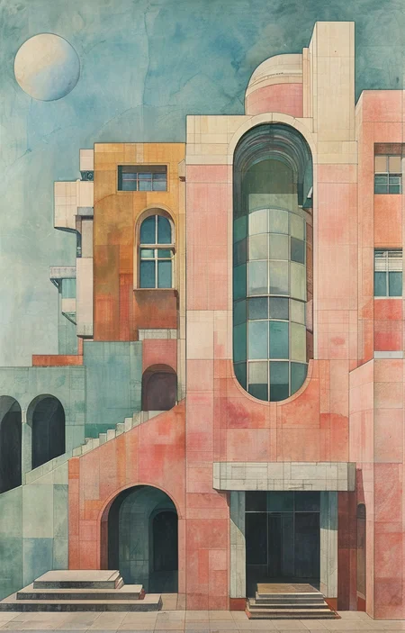 masterpiece,best quality,<lora:tbh312-sdxl:0.9>,illustration,designed by Adolf Loos Art Deco hotel facade in Miami Beach, featuring pastel colors and streamlined forms