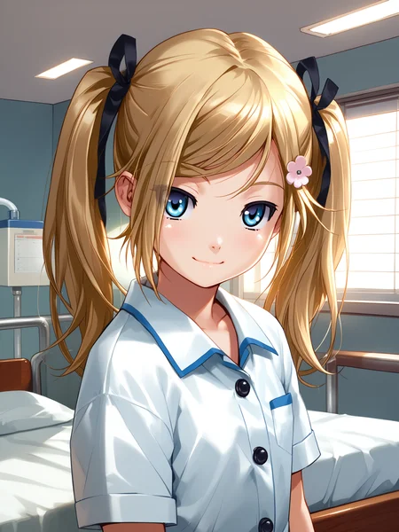 (upper body, solo focus:1.2) <lora:happy_tentacle-mafuyu-v0.2-000030:0.9>, ht_mafuyu, blonde hair, twintails, hair flower, flat chest (petite:1.2), <lora:Shed_The_Skin's StS_age_slider_v1_initial_release:-1.25> ( :1.1) ( , (wide-eyed :1.2) , ( :1.2) , smile , (looking at viewer:0.6) :1) , indoors, ((dawn :0.6), (cloudy sky:0.6) :0.8), (open window :0.9), (furniture:0.9), , , , , (east asian architecture :0.9), hospital, hospital bed, (hospital gown:1.2), cardiogram, intravenous drip, ( :0.8) score_9, score_8_up, score_7_up, score_6_up, score_5_up, score_4_up, ( [(realistic, photorealistic:1.3):(realistic:1.2):16] [(3d:1.2)::14] :1) <lora:LUUNA's Lunas-NijiJourney-SDXL-B2:0.35>, nijijourney <lora:prgfrg23's Counterfeit-V3.0 Style SDXL_LoRA_Pony Diffusion V6 XL:0.5> <lora:mfcg's mfcgXL:0.12> <lora:reweik's gyokai(himehajime)_PonyXL_style_v01:0.14>