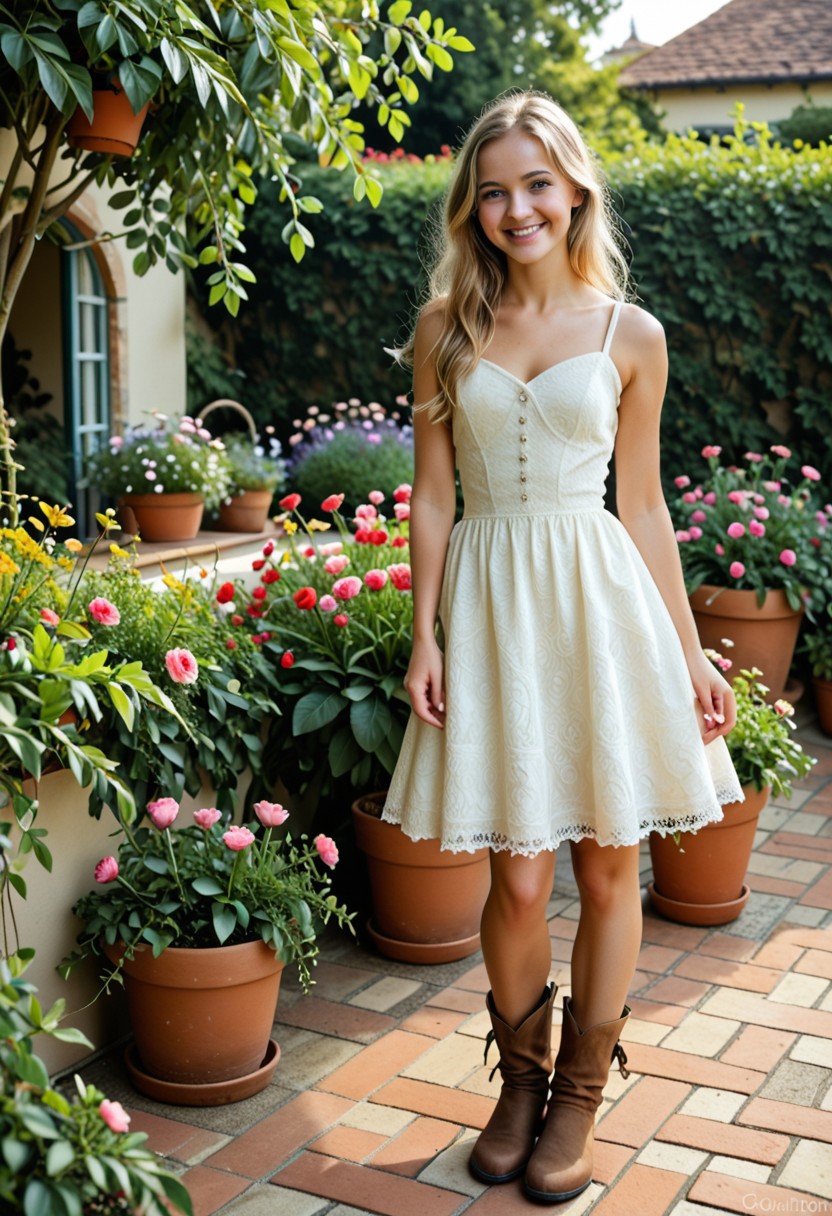 SavanahK, blond hair, green eyes, medium, Photograph of a young woman in a white dress and brown boots planting a flower in a garden. She is bending over and is smiling at the camera. The garden is filled with colorful flowers and there is a potted plant on the right side of the image. In the background, there are trees and a house with a red brick exterior. The sky is blue, and the sun is shining, creating a warm glow on the scene. The woman appears to be happy and carefree as she works in the garden.