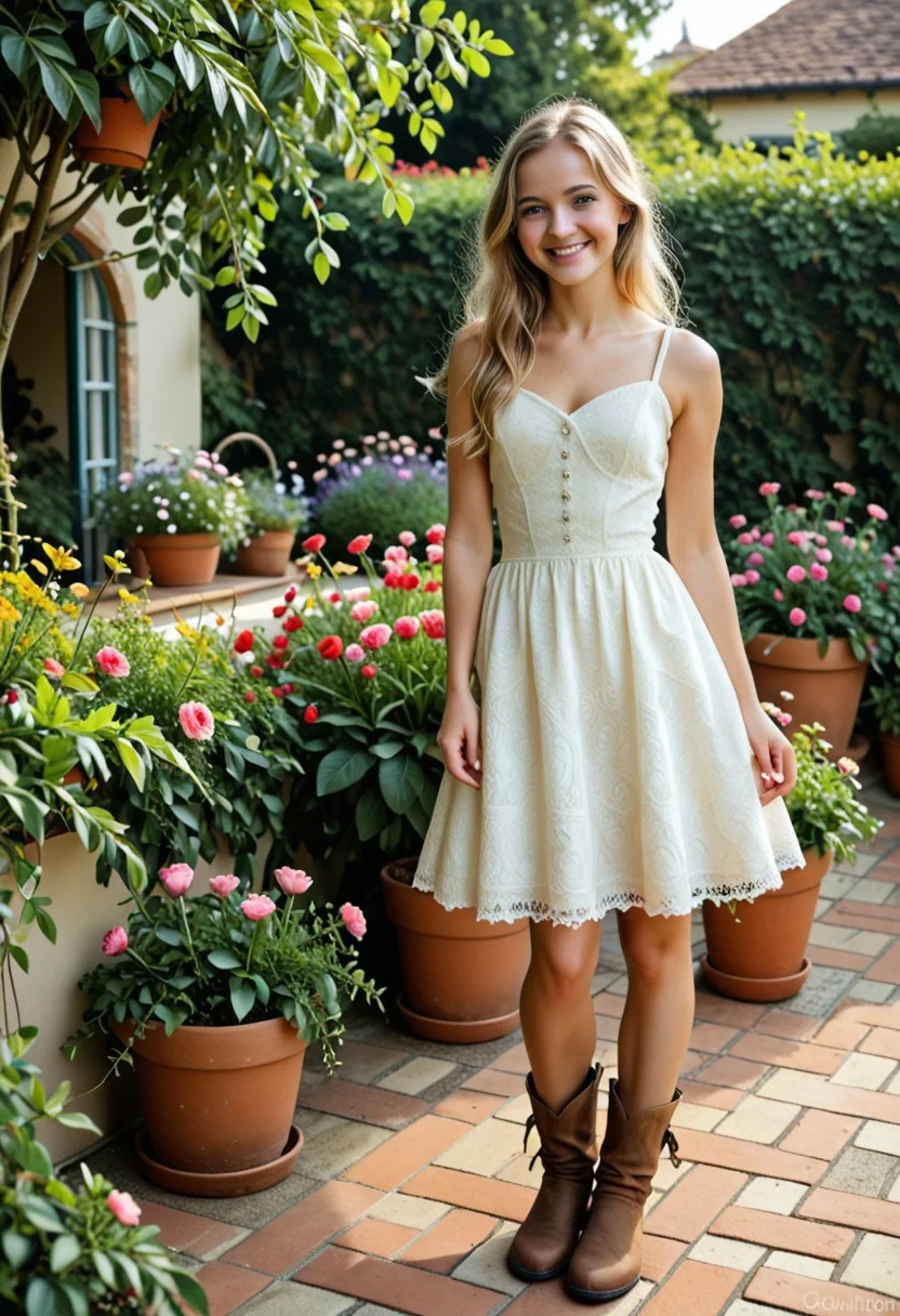 SavanahK, blond hair, green eyes, medium, Photograph of a young woman in a white dress and brown boots planting a flower in a garden. She is bending over and is smiling at the camera. The garden is filled with colorful flowers and there is a potted plant on the right side of the image. In the background, there are trees and a house with a red brick exterior. The sky is blue, and the sun is shining, creating a warm glow on the scene. The woman appears to be happy and carefree as she works in the garden.
