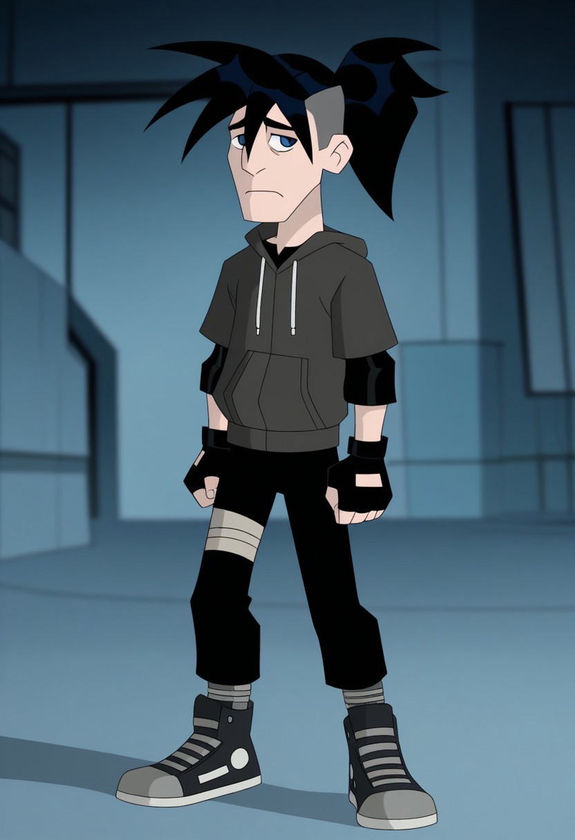 score_9, score_8_up, score_7_up, LevinDevlin, 2D animated, cartoon style 1boy, solo, Male, spiky hair with a ponytail, black hair, undercut, light skin, blue eyes, thin eyebrows, small nose, thin body, black long-sleeve shirt, gray short-sleeve, hoodie with white drawstrings, black pants, beige knee bandage, black and gray high-top sneakers, white soles, black fingerless gloves, sad