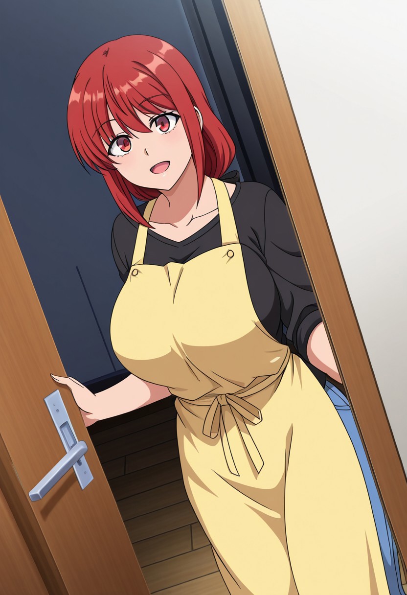 general,highres, ultra-detailed,very aesthetic,best quality ,best hands,best eyes,easynegative,
dynamic anglre, dutch angle, anime cloring,
1girl solo,looking at viewer,smile,house, entrance, open mouth, opening door, 
Natsumi OBATA,red eyes, red hair, long_hair, shushu,huge_breasts,shirt, pants, apron,