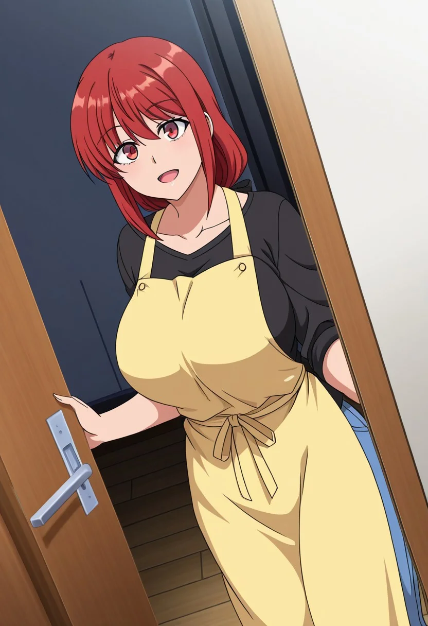 general,highres, ultra-detailed,very aesthetic,best quality ,best hands,best eyes,easynegative,
dynamic anglre, dutch angle, anime cloring,
1girl solo,looking at viewer,smile,house, entrance, open mouth, opening door,
Natsumi OBATA,red eyes, red hair, long_hair, shushu,huge_breasts,shirt, pants, apron,