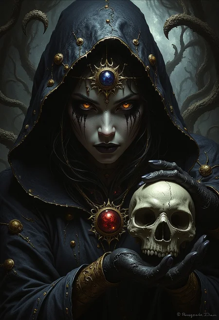 ArsMJStyle, dnddarkestfantasy, Dark Moody Atmosphere, Avant-garde, painting, evil, unsettling, best quality, masterpiece (Luis Royo style drawing), detailed face, face in sharp focus and intricate detail, extremely detailed, great lighting, BREAK, intricate details, Mystical light. Fog. female oriental necromancer mage, evil and mystical, with spiky robes that seem made of black cloth with golden stitches. a ball in one hand and mysterious beast skull in another hand, Rubies, symbolizing their magical power. Glow. alchemical laboratory, blending the natural with the magical, Soft natural lighting, High Definition HD, High Detail, Perfect Composition, dark fantasy movie