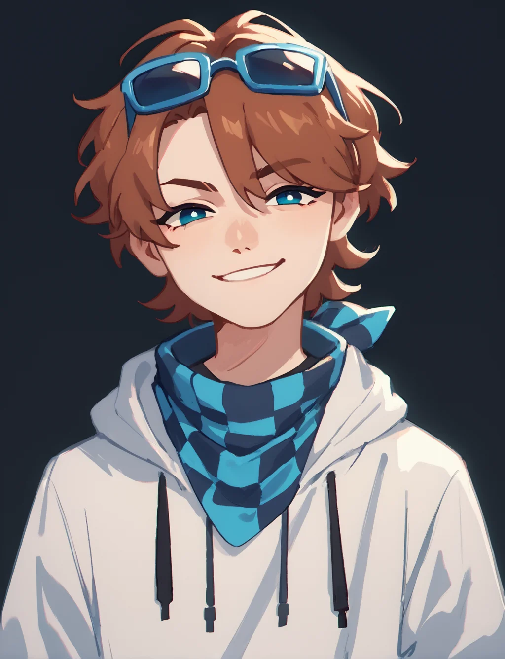 score_9, score_8_up, score_7_up, score_6_up, source_anime, Lololowka, blue headphones, white hoodie, blue scarf, blue sunglasses, black pants, sunglasses on head, black background, smirk, head tilt, cowboy shot, <lora:Lololowka:0.8>