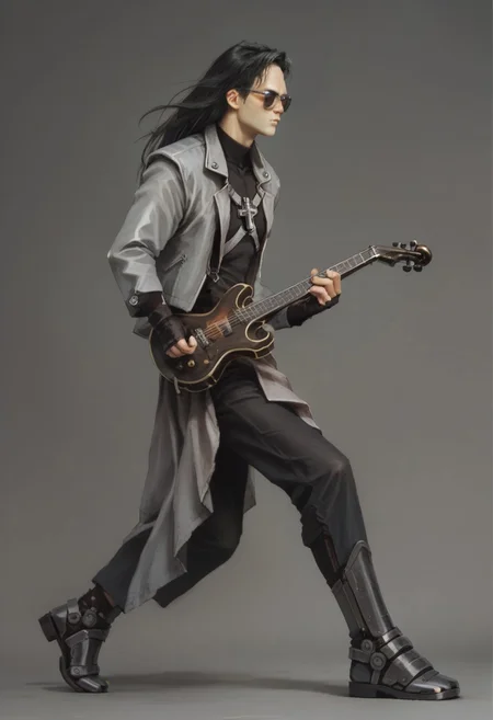 score_9, score_8_up, score_7_up, hugbaldw, cutoff jacket, body harness with holy cross design, long black hair, charcoal greaves, gray skirt, black shirt, black pants, black fingerless gloves, long legs, slender legs, playing saxophone, wearing sunglasses,