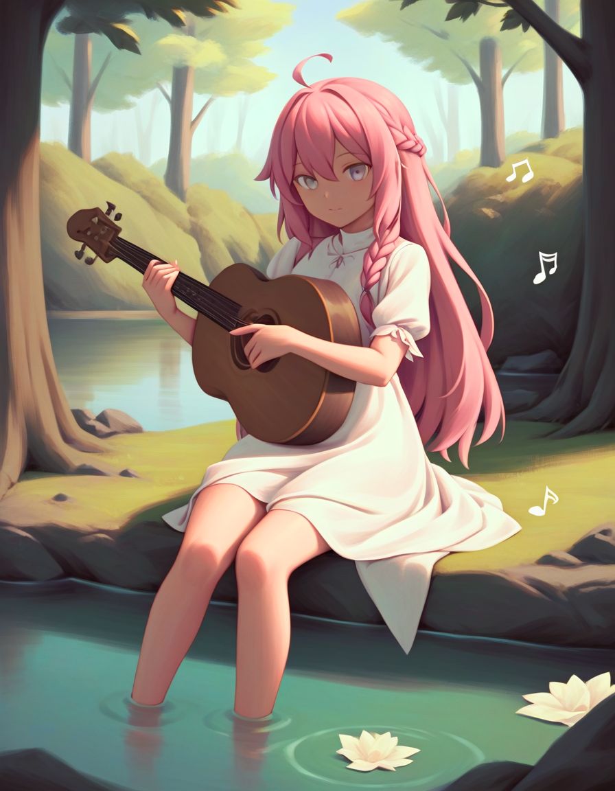score_9,score_8_up,score_7_up, BREAK  ,  (by mmb:1.2) painting \(medium\), silver eyes, , pink hair, long hair, ahoge, braid, solo, playing instrument, sitting , one outstretched leg, musical note, in a forest , trees , lake ,white dress , looking at viewer,