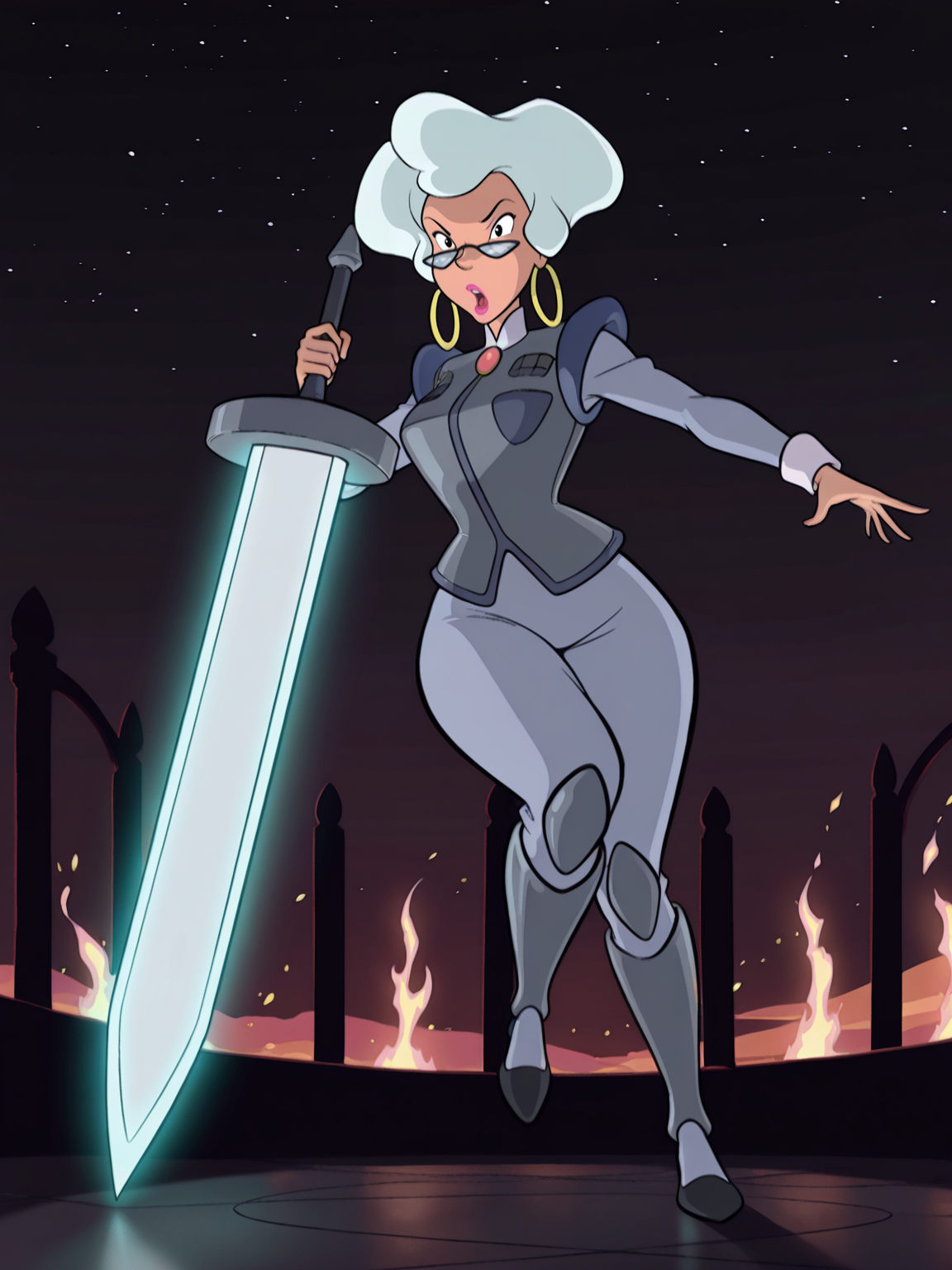 <lora:DirectorIL:0.9> d_r, 1girl, old, black eyes, grey big hair, short hair, round earrings, glasses lowered nose, pink lips,
gigantic sword, steel armor,glowing liens, action, full body, glowing background
