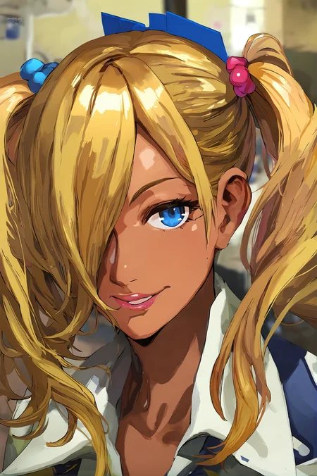 score_9, 
<lora:disco_elysium_v1_pruned:0.8>, de_portrait, 
blonde hair, twintails, gyaru, tan, blue eyes, hair over one eye, 
looking at viewer, light smile, 
high resolution, Masterpiece