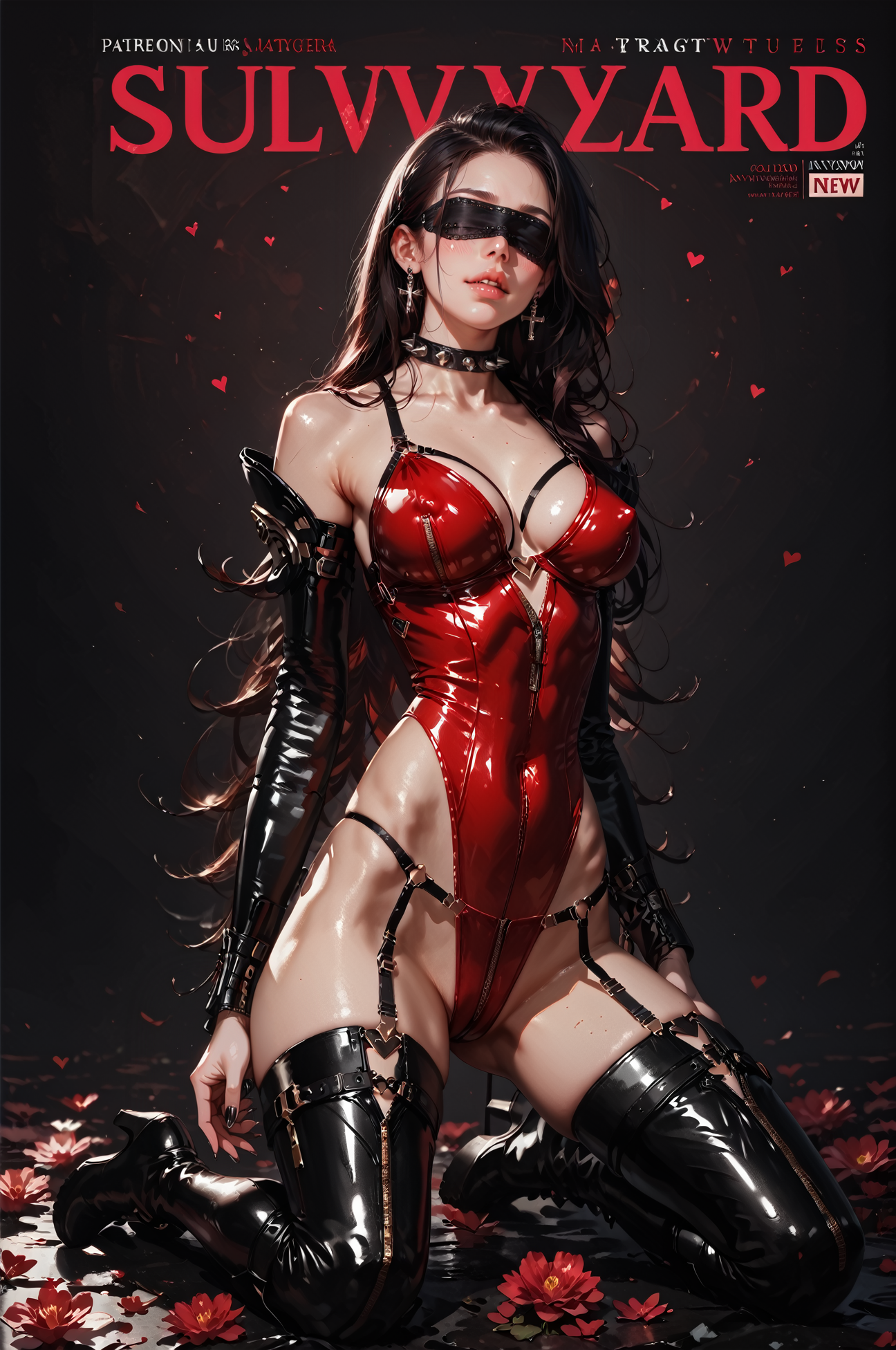 score_9, score_8_up, score_7_up, score_6_up,rating_questionable, 1girl,seducing viewer, nsfw, heart, curvy, looking at viewer, female focus, thighhighs, garter strap, posing, erotic pose, suggestive pose, flowers, kneeling, red theme, magazine cover, helvetica bold, covered nipples, long hair, earrings, wearing (blindfold:1.3),<lora:LOAS3l34pXL:0.7> LOAS3l34pXL, leotard, latex, garter, thighhigh boots, spiked choker, gold buckles,  <lora:sinfully_stylish_SDKL:0.5> <lora:Concept Art DarkSide Style LoRA_Pony XL v6:0.8> ,dark theme, low light, concept art, realistic, <lora:Expressive_H:0.5> Expressiveh