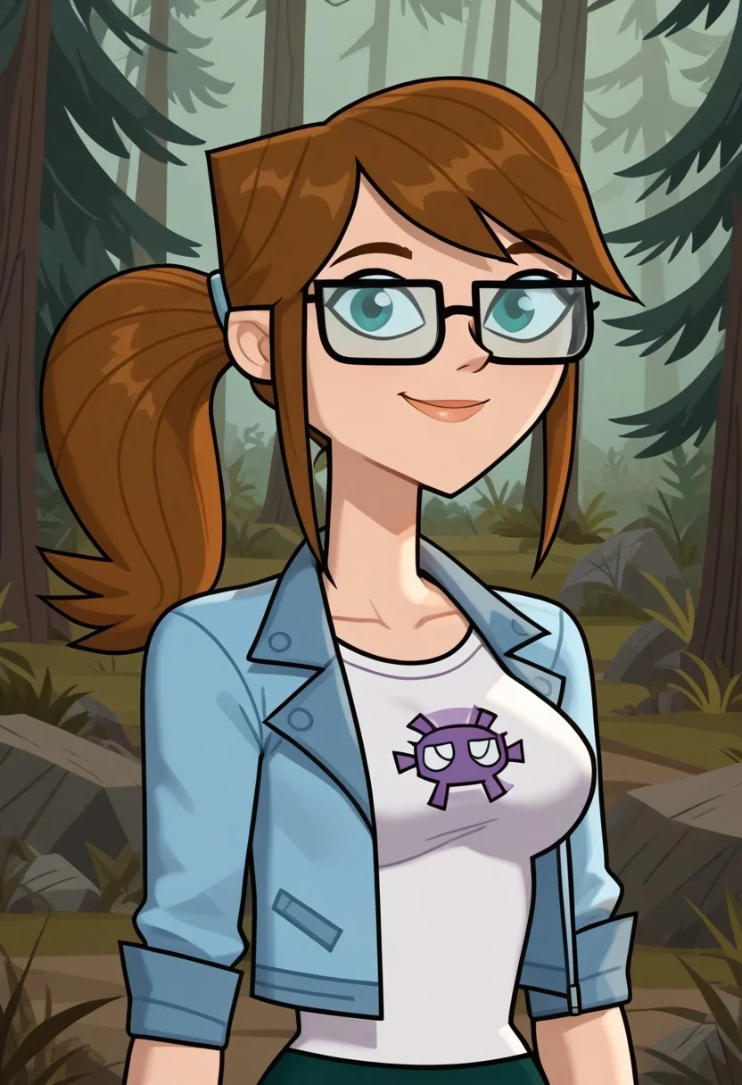 ((Forest background)),score_9, score_8_up, score_7_up,score_6_up,
1girl, Solo, Ally_DC, light skin, sea green eyes, brown hair, glasses with black frames, hairstyle ponytail, white t-shirt with a purple space Invader design, light blue jacket with folded sleeves, dark green leggings, black and white sneakers, big eyes, tall stature, social smile, perfect eyes, perfect smile, looking at the viewer, big breasts, detailed eyes, perfect eyes, cute, standing, (front pose, bust shot, close up to face, face portrait:1)