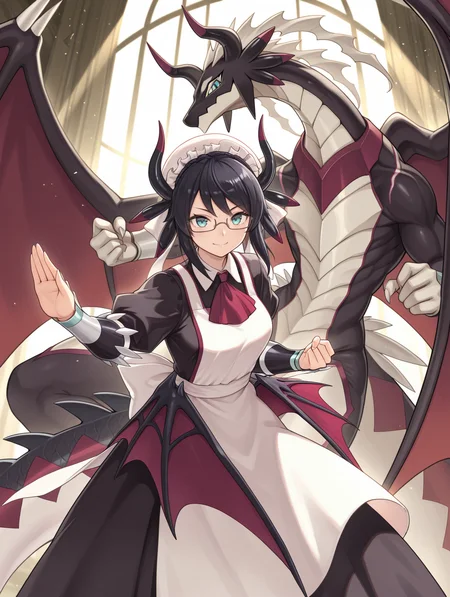 dragon girl,house dragonmaid,1girl,black under-rim eyewear,smile,looking at viewer,claws,closed mouth,red ascot,black maid dress,low dragon wings,silver vambraces,white mob cap,1other,fighting stance,black dragon,dragonmaid sheou,light rays,
masterpiece,best quality,amazing quality,very aesthetic,absurdres,newest,<lora:House dragonmaid illuXL v1:0.75>,