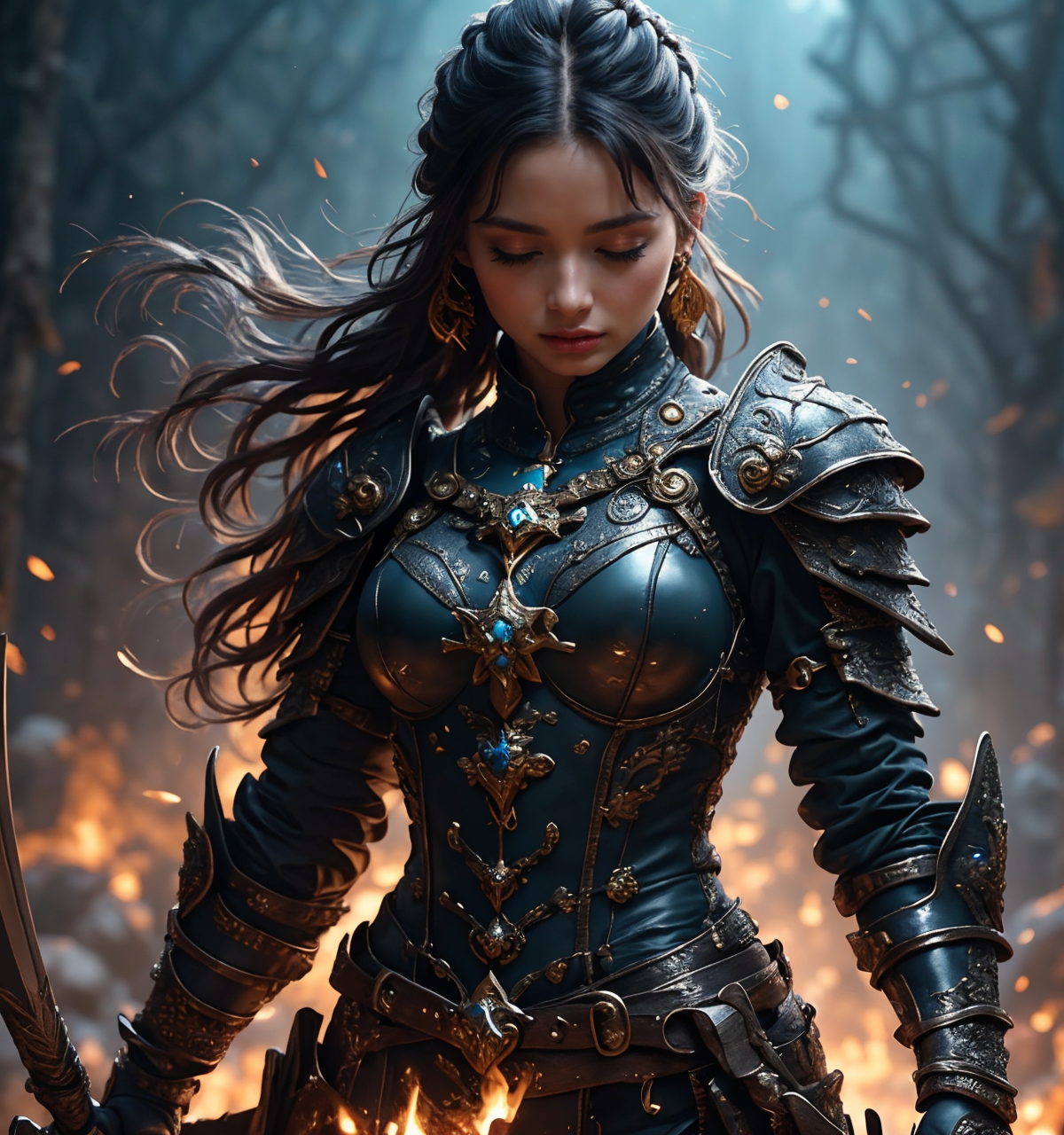 RAW photo, (masterpiece:1.3), subsurface scattering, heavy shadow, (high quality:1.4), (intricate, high detail:1.2), professional photography, HDR, High Dynamic Range, realistic, ultra realistic, photorealistic, high resolution, film photography, ambient lighting, atmospheric effects, <lora:detail_slider_v4:2>, OverallDetail,  <lora:FemaleWarrior:1>,1girl, armor, belt, black hair, blonde hair, blue hair, blurry, braid, breastplate, closed eyes, closed mouth, cowboy shot, earrings, femwa, fire, gauntlets, gloves, holding, holding sword, holding weapon, jewelry, lips, long hair, looking at viewer, makeup, pauldrons, sheath, shoulder armor, solo, tattoo, weapon