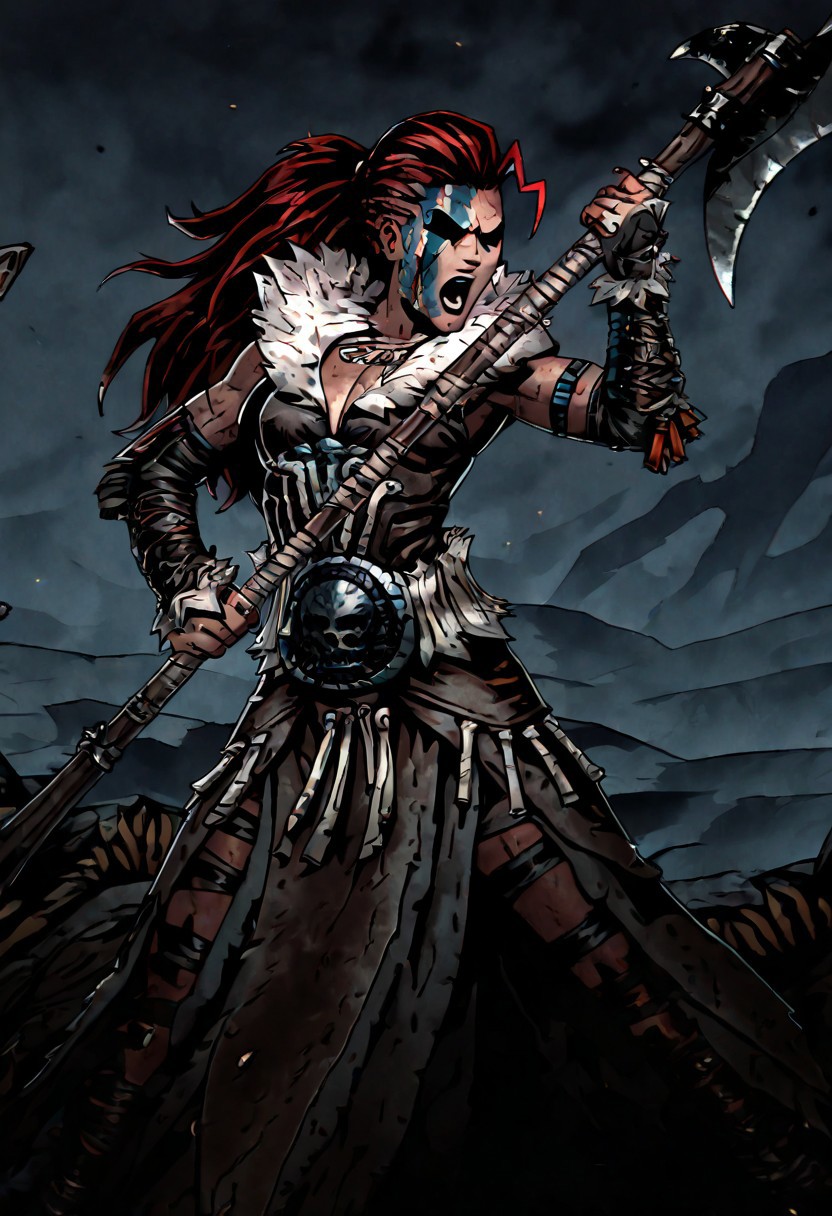 masterpiece, best quality, newest, absurdres, highres, anime, anime style, HellionDD-Il.V1.0, jewelry, necklace, red hair, armor, leather armor, fur coat, red hair, tribal, clevage, black eyes, shaded eyes, weapon, holding weapon, holding, holdng axe, dynamic pose,