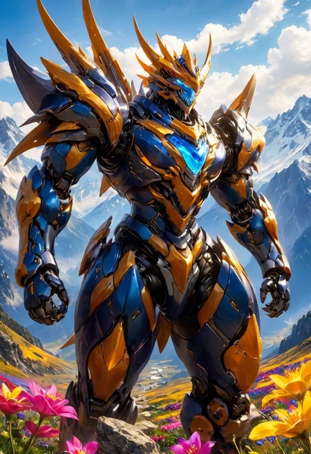 Super realistic,photography,cinematic lighting,A robot wearing heavy armor stood at the top of a mountain,with colorful wildflowers blooming at its feet,the dragon mech had an armor of teeth and claws,the armor was sharp enough to keep people away,highly saturated,brilliant colors,glowing<lora:p19-nijimecha-000006:0.7>,nijimecha,<lora:Hyper-SDXL-8steps-CFG-lora:0.3>,