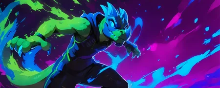 <lora:kabsraptorxl:0.7>,  source_furry, (solo:1.2), vergence (kabscorner), anthro, desktop wallpaper, 1boy, solo, cowboy shot, green skin, hoodie, long sleeves, pants,(foreshortening), friendly, smile, bracers, exposed shoulders, detailed scale texture, raptor, lizard, curvy, lizard tail, glistening, scales,  realistic detailed skin, green skin, green body, blue eyes, nose horn, blue horns, fangs, blue and purple background,
score_9, score_8_up, score_7_up,  <lora:add-detail-xl:1.4>, <lora:fortnitelsxl:0.8> fortnitelsxl, graphic novel, ink lined illustration, thick multicolored outline, aura, purple energy, multicolored background,  blue wisp, purple electric, <lora:paintsplashsdxl:0.4> paintsplashsdxl,  <lora:Manga_Action_Shot:0.8> action shot,  <lora:Realistic_2.5DAnime_Merge1:0.3>,  <lora:Neon_Style_XL:0.8> neon_style,  <lora:incase---1:0.3>