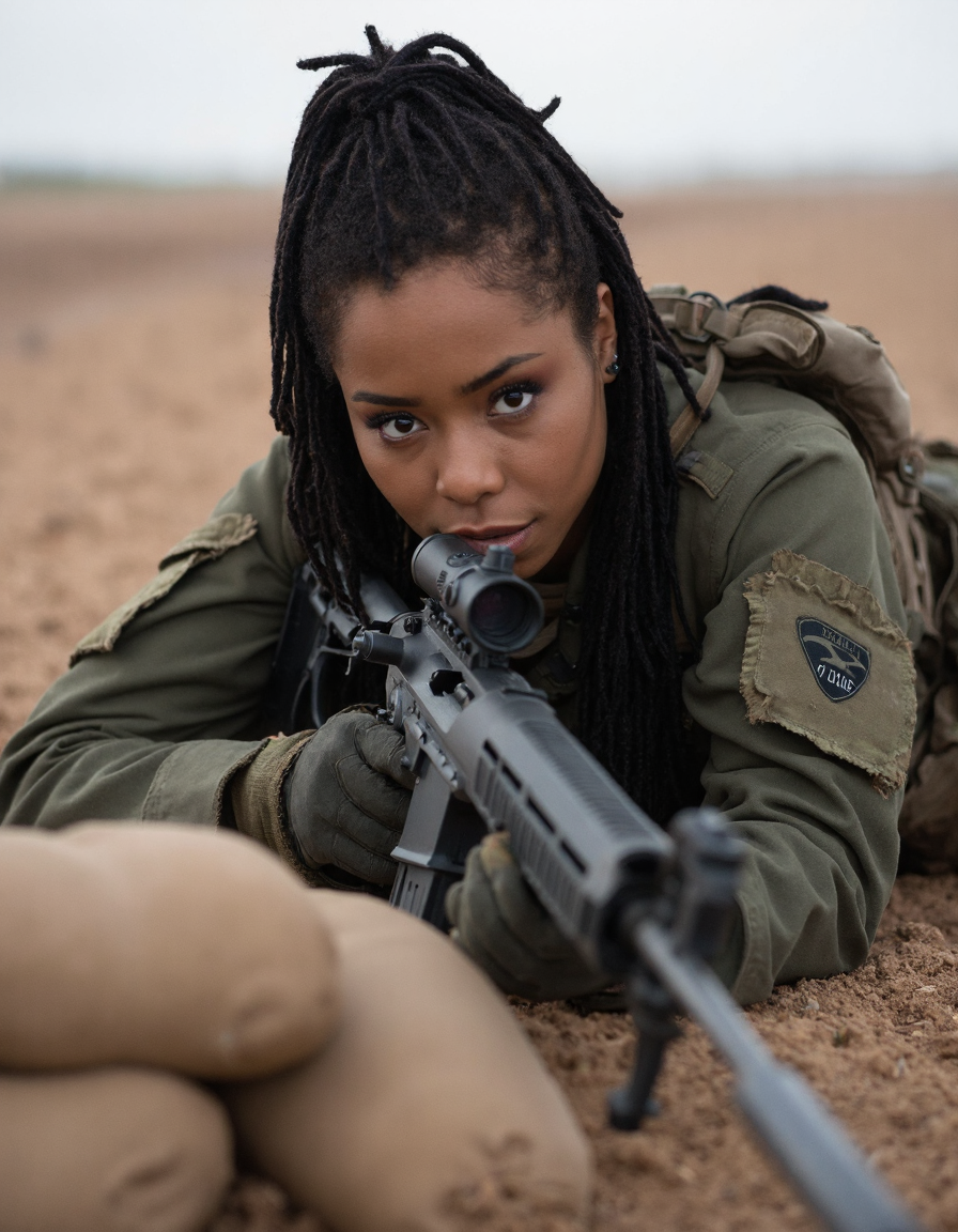 A female Marine sniper lies prone behind a sandbag bunker, her M40 rifle trained on an enemy position across no man's land. The camera is positioned from a high angle, capturing the intricate details of her uniform and equipment as well as the desolate landscape surrounding her. A subtle gradient effect enhances the contrast between light and dark, drawing attention to the subject's sharp features.