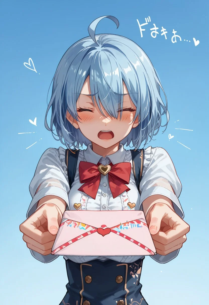 score_9, score_8_up, score_7_up, anime , rating_explicit, anime screencap, anime style, Perfect hands, Perfect fingers, rebis style-pxl, Perfect eyes,
1girl, blue eyes, blue hair, cowlick, ahoge, hair over one eye, light blue hair, short hair, medium breasts, <lora:love-letter-ponyxl-lora-nochekaiser:1>, love letter, heart, valentine, letter, confession, incoming gift, outstretched arms, closed eyes, shouting,