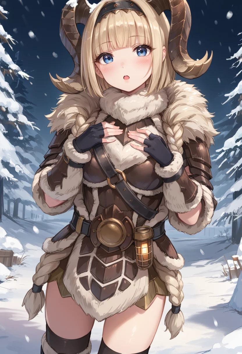 (score_9:0.9),score_8_up,score_7_up,rating_safe,anime style,(zPDXL),<lora:Banbaro beta armor ponyXL v1.2:0.77>,banbaro beta armor,1girl,solo,blue eyes,horn hairband,short hair,open mouth,looking at viewer,blonde hair,white knee boots,white fingerless gloves,standing,:d,blunt bangs,snowing,blush,hand on own chest,