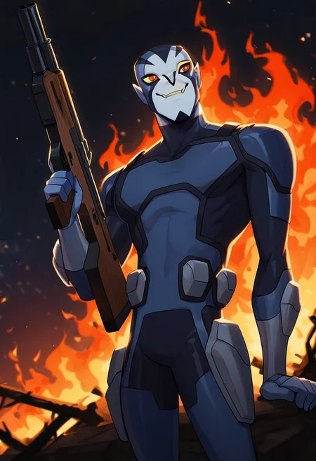 masterpiece, best quality, amazing quality, very aesthetic, absurdres, newest,
<lora:rook-10:1> rook, male focus, colored skin, alien, 1boy, yellow sclera, blue skin, white face, , red eyes, pointy ears, 
 blue bodysuit, armor, 
smile, fangs, holding gun, assault rifle, ak-47, shooting, gun fire, ww2 warzone, fire in background,