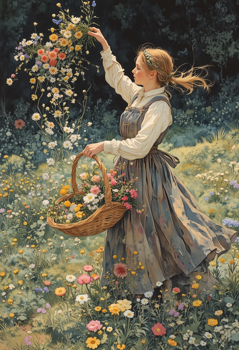painting of woman holding a basket of flowers and throwing flowers around