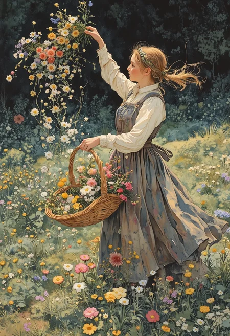painting of woman holding a basket of flowers and throwing flowers around