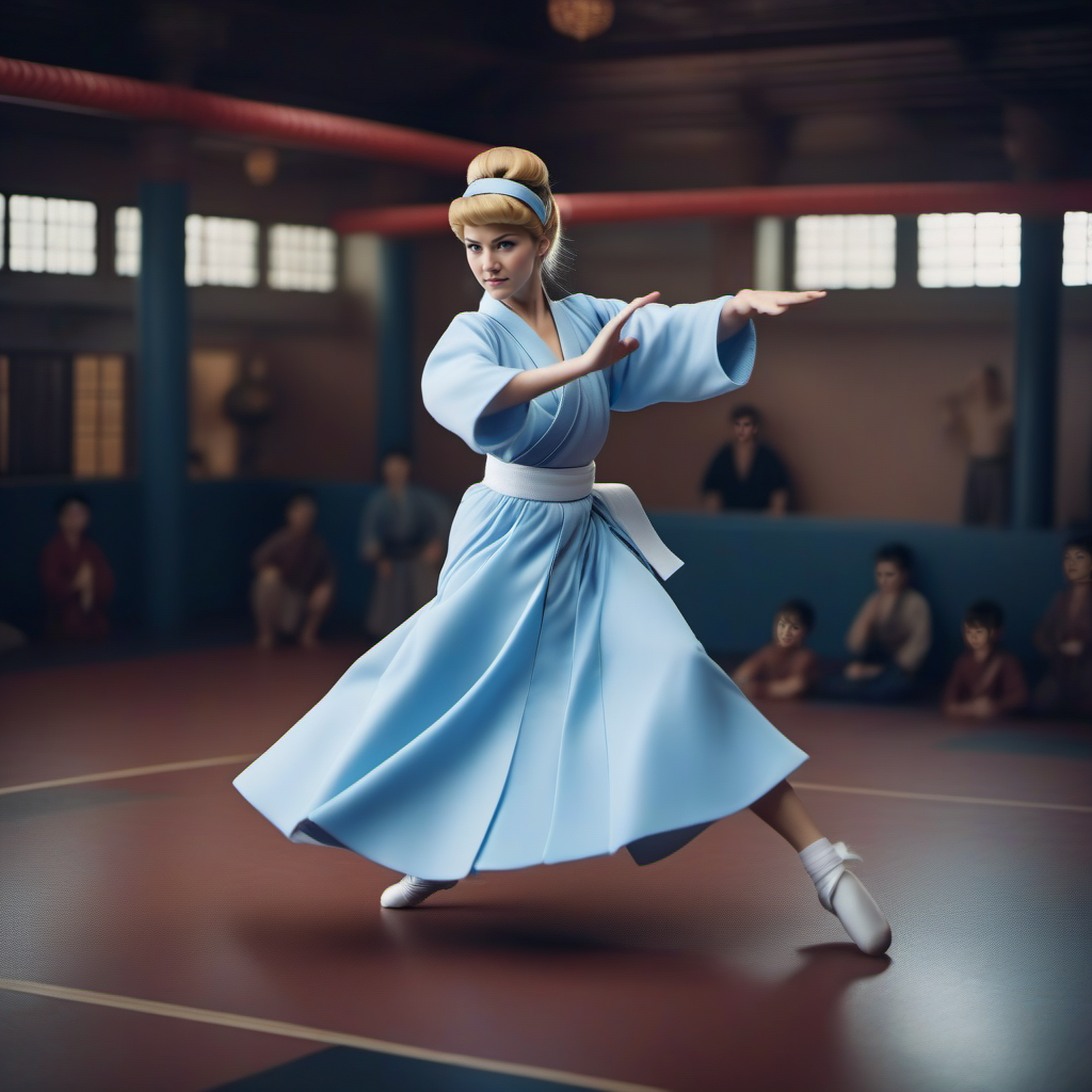 cinematic photo cinematic photo a full body agressive cinderella is a karate fighter in a dojo doing a highkick  <lora:Cinderella1024:0.8> . 35mm photograph, film, bokeh, professional, 4k, highly detailed . 35mm photograph, film, bokeh, professional, 4k, highly detailed