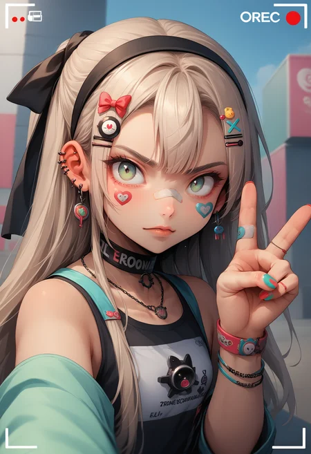 score_9, score_8_up, score_7_up, source_anime, 1girl, jewelry, sticker, hair ornament, hairclip, ear piercing, bandaid on face, ring, choker, necklace, bandaid on hand, tattoo, <lora:ArtstyleStickerV2_XLPD:1.25>, colorful, <lora:elie-pdxl-nvwls-v1:1> zeroElie, black hairband, hair ribbon, long hair, v, pov, from side, peace sign, nail polish, viewfinder, camera,